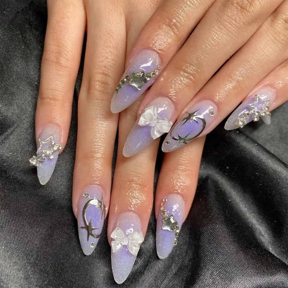 24Pcs Long Almond False Nails Various Styles French Press On Nails Newest Fake Nails DIY Manicure Detachable Nail Tips