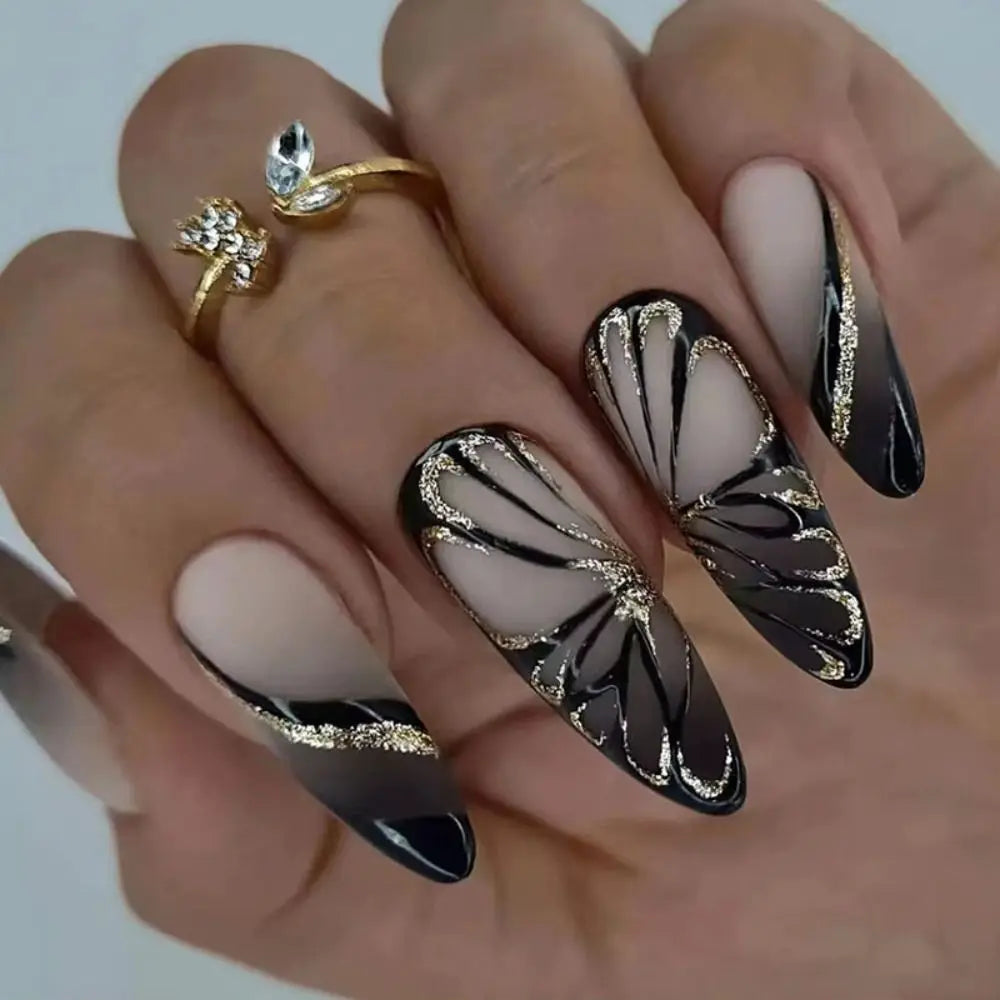 24Pcs Long Almond False Nails Various Styles French Press On Nails Newest Fake Nails DIY Manicure Detachable Nail Tips