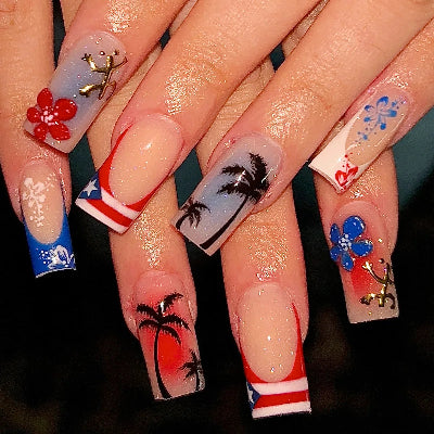 Sweet Medium Square False Nails with Glue Blush Pink Flowers Fake Nails Press on Nails