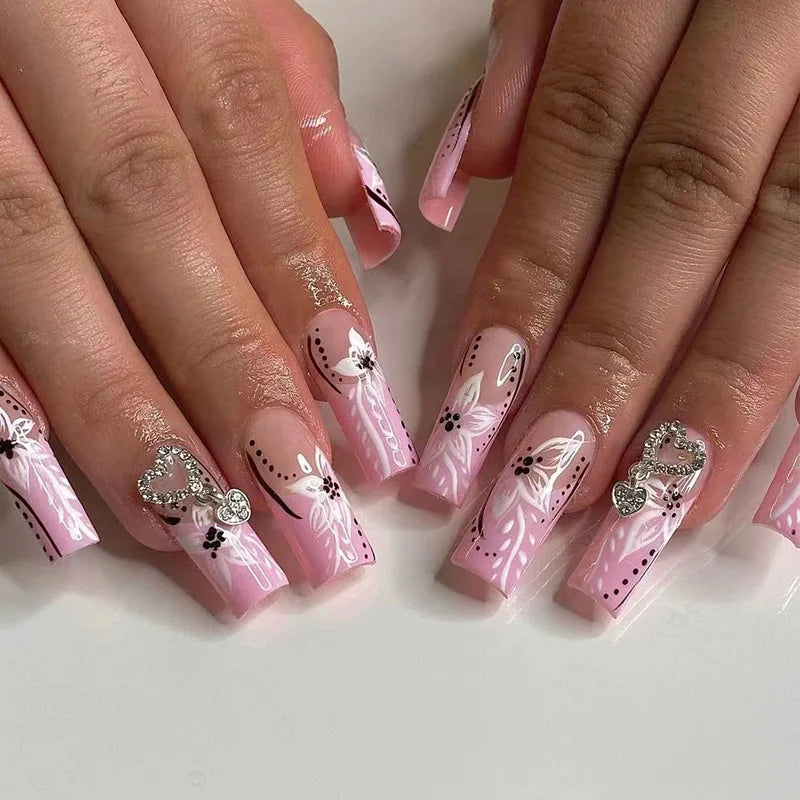 Sweet Medium Square False Nails with Glue Blush Pink Flowers Fake Nails Press on Nails