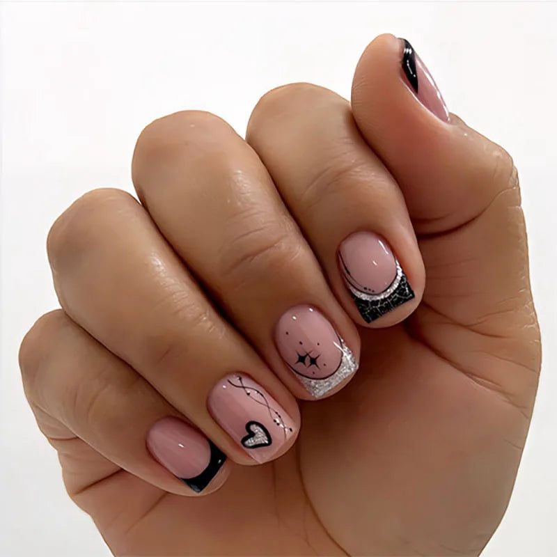 24Pcs Short French Wearable Fake Nails with Glue Simple Stripe Nail Art Full Cover Ballerina Fashion Press on Nail Manicure Tips