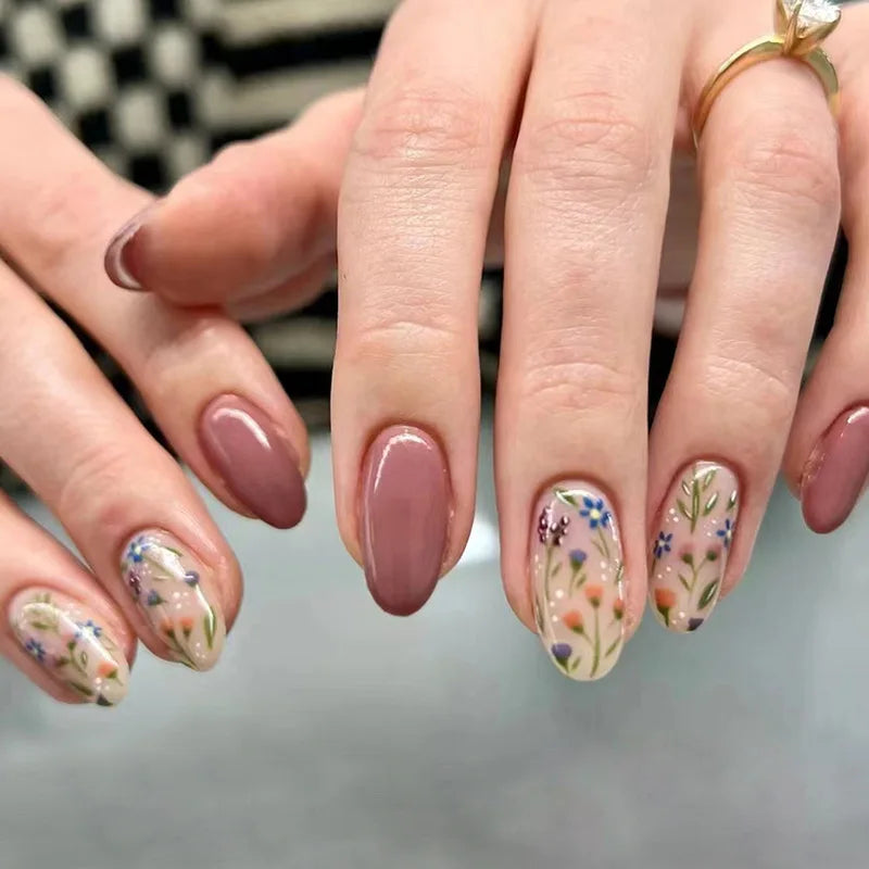Simple Almond Nails Tips Fresh Colorful Flower Design False Nails Wearable Oval Fake Nail Short Full Cover Press on Nails