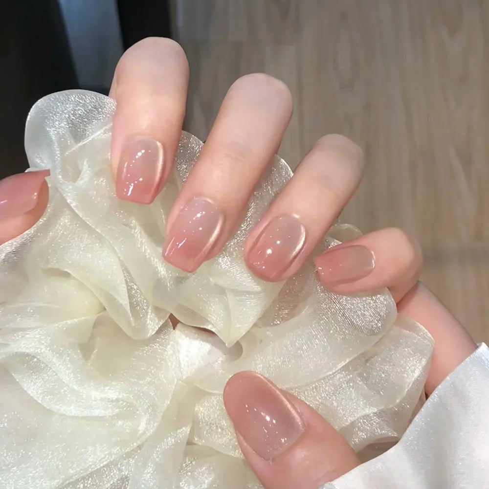 24Pcs Short False Nails Press on Nails Solid Color Cat Eye Design with Jelly Glue Square False Nail Wearable Acrylic Manicure