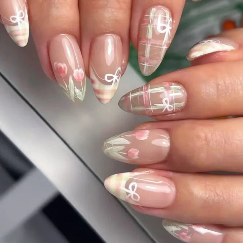 24pcs Bow False Nails Sets Press on Pink French Valentine’s Day Long Almond Nails Art Reusable Love Rhinestone Design Fake Nail