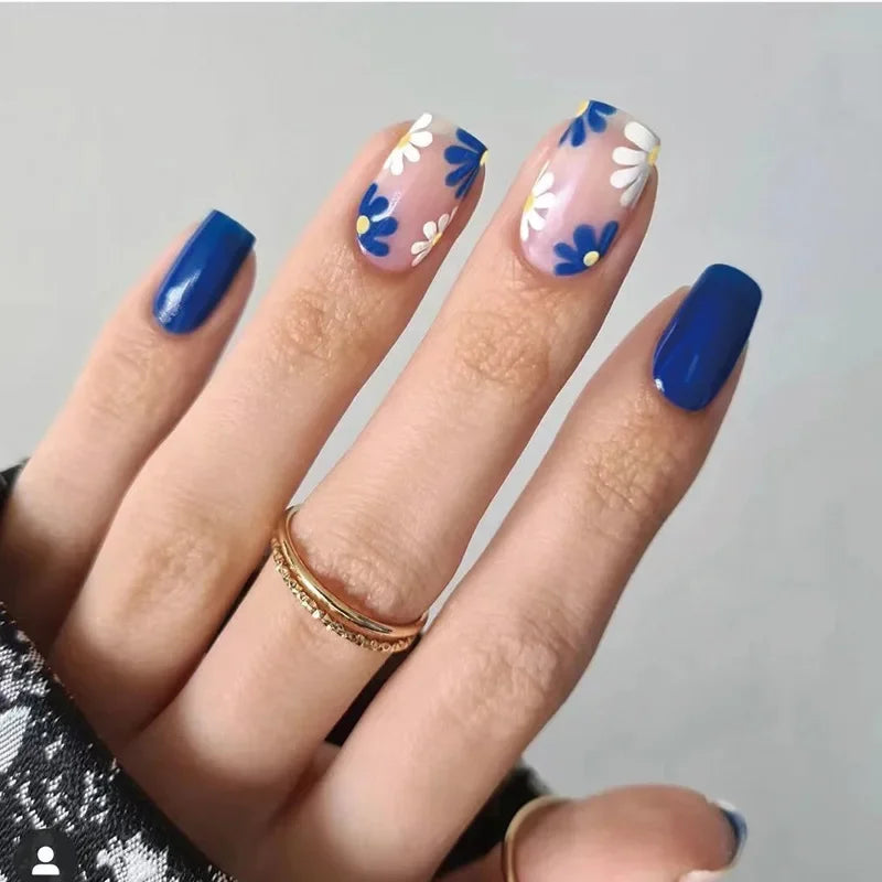 Flowers Gold Glitter Powder Edge White French Nail Art Fashion Wearable Fake Nail Detachable Finished False Nails Press on Nails