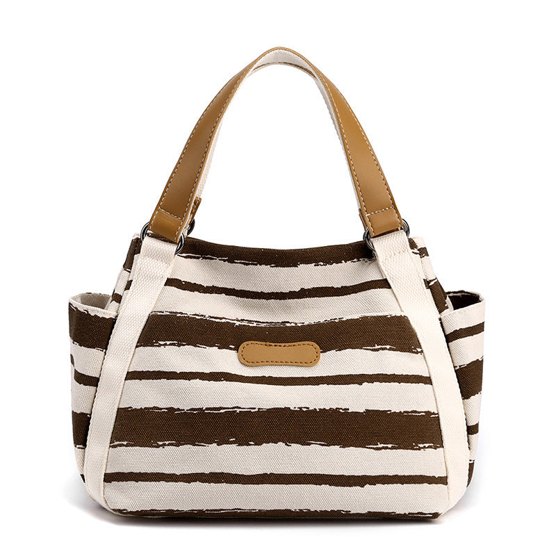 Canvas Striped Handbag - Large Capacity Outdoor Shoulder Storage Bag