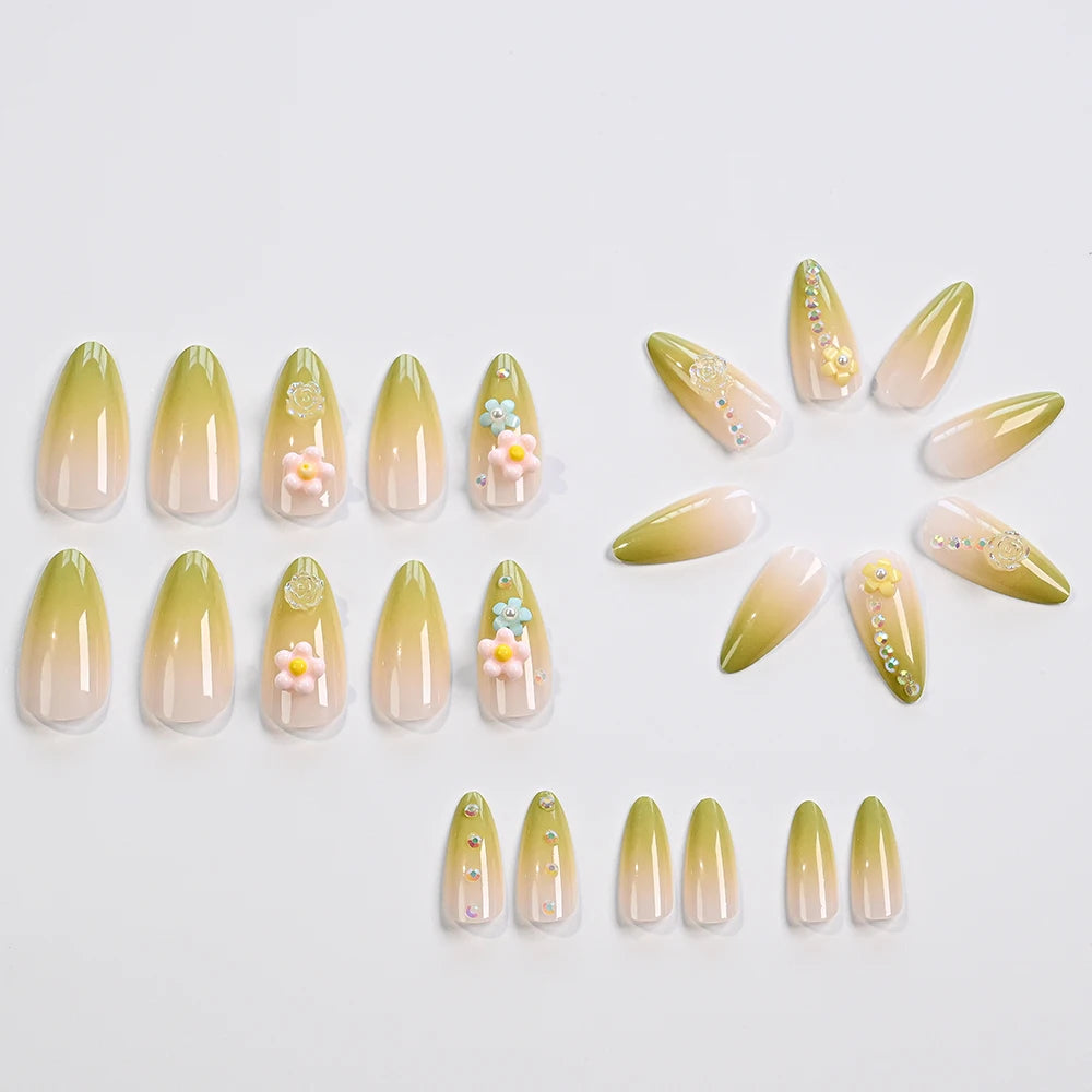 24Pcs/set 3D French Green Gradient Press on Nails Long Alomnd Reusable Adhesive False Nails Artifical Acrylic Full Cover Nail Ti