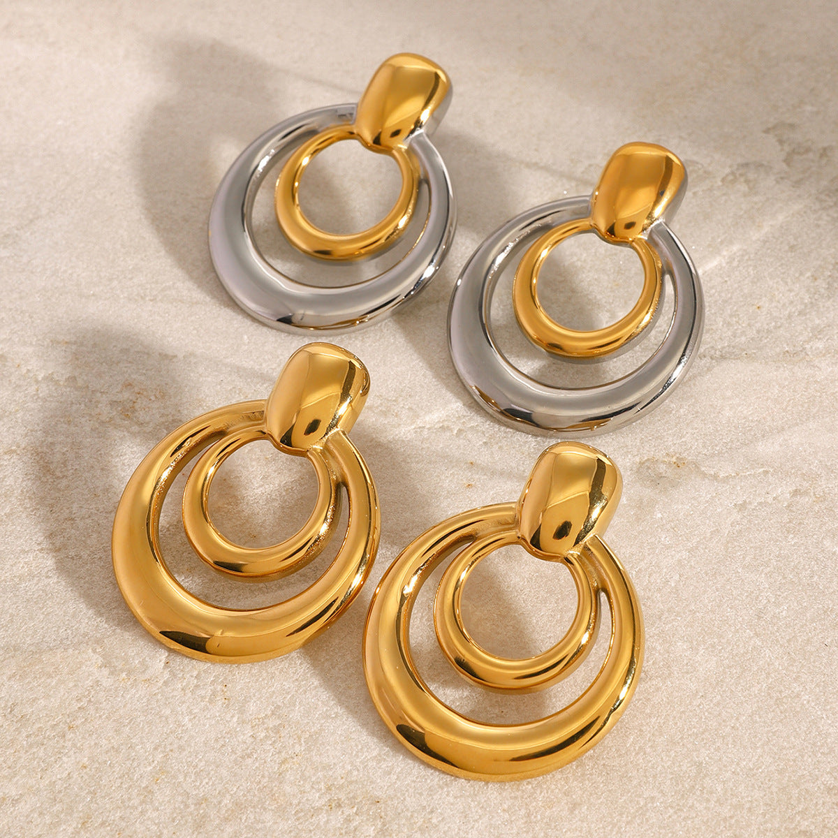 18K Gold Hollow Stud Earrings - Double Layer Round Stainless Steel