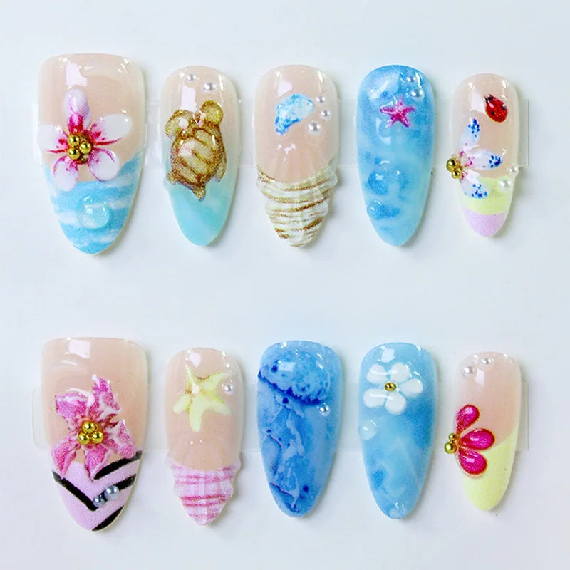 Summer Handmade Press on Nails Wearable Beach Seashell Design Long Almond