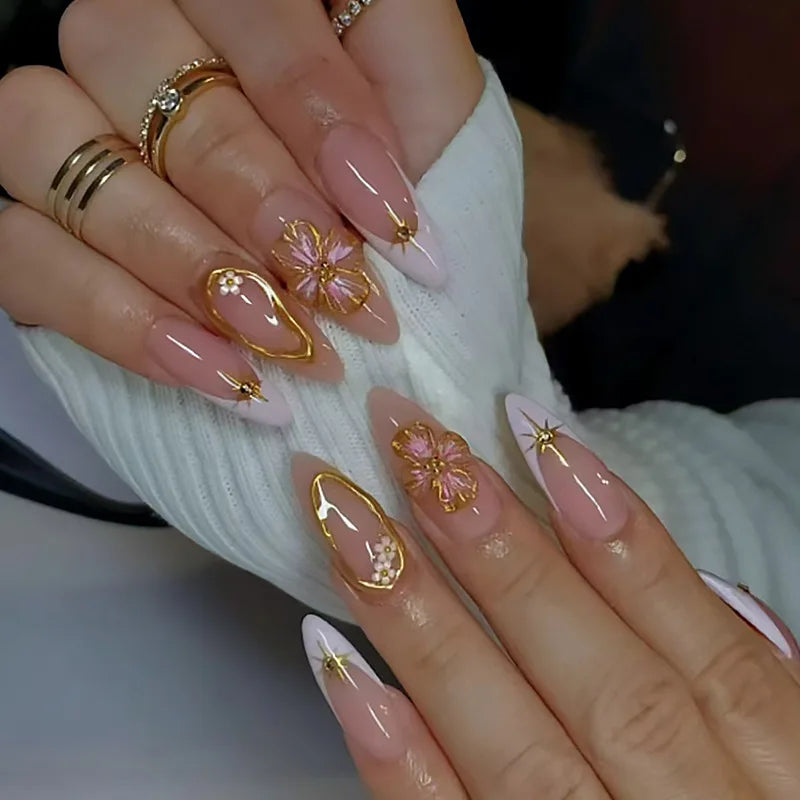 24pcs New Alligator Print False Nails Pink French Style 3D Flower Decor Press On Nail Glitter Gold Powder Designs Fake Nails