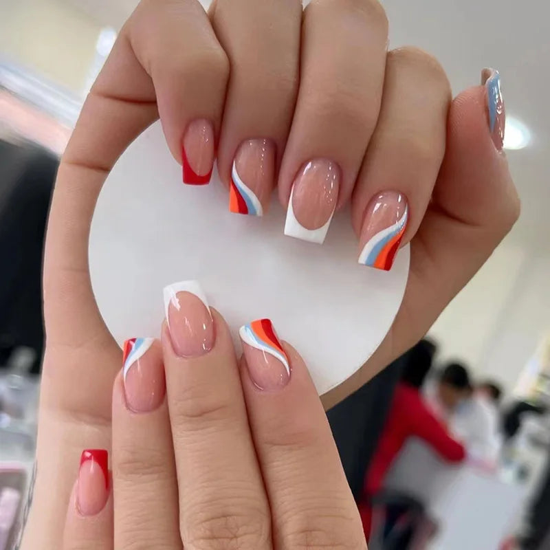 24Pcs Short French Wearable Fake Nails with Glue Simple Stripe Nail Art Full Cover Ballerina Fashion Press on Nail Manicure Tips