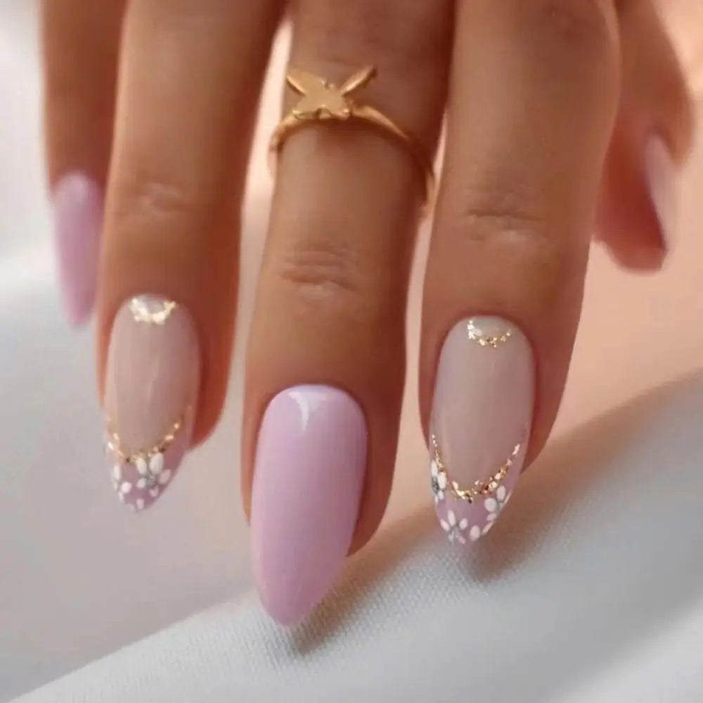 24Pcs Long Almond False Nails Various Styles French Press On Nails Newest Fake Nails DIY Manicure Detachable Nail Tips