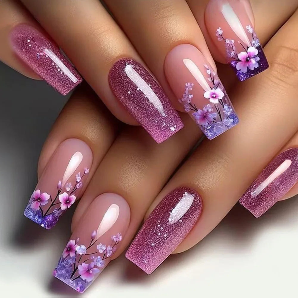Purple Nails Press on Glitter