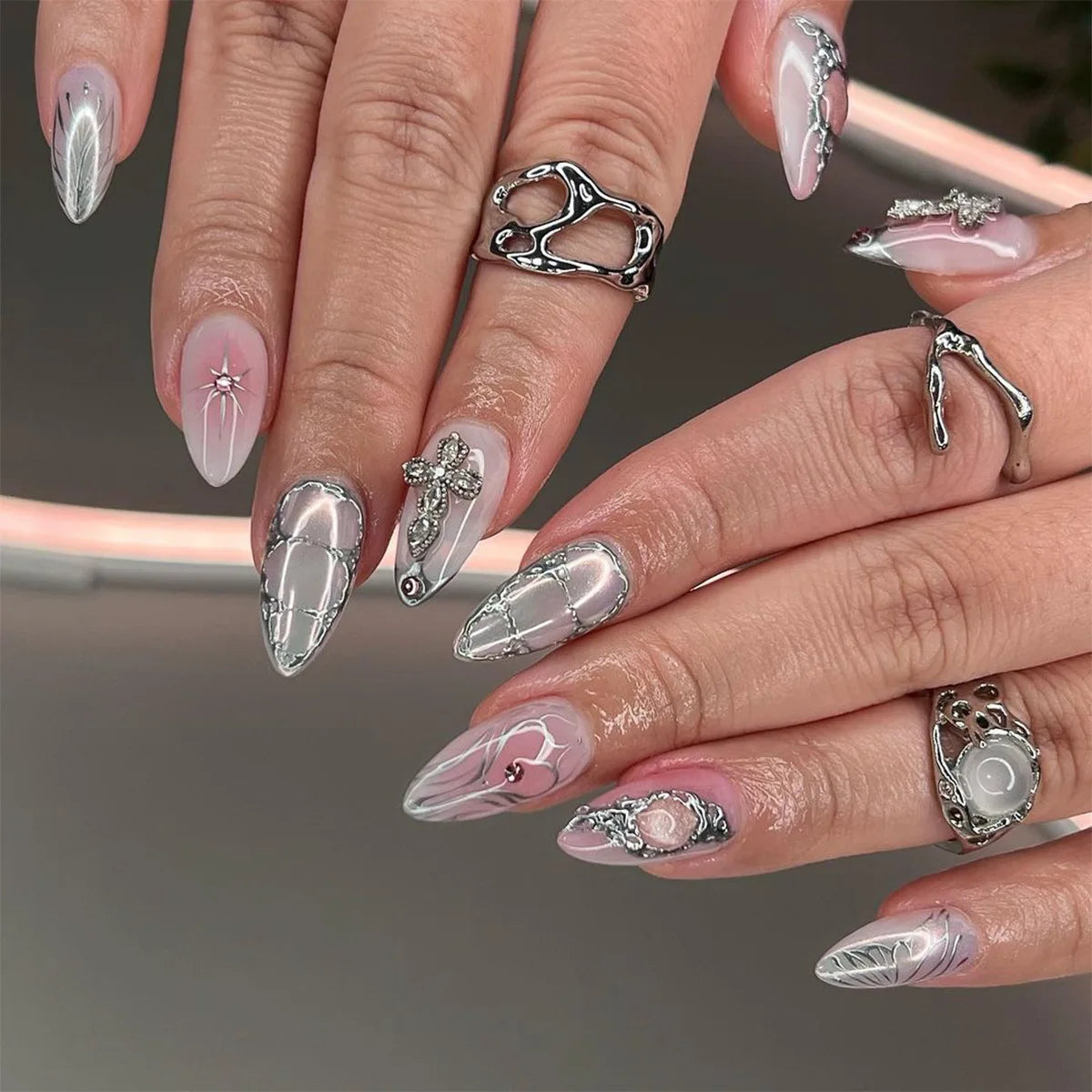 3D Silver Metallic Style French Rhinestone Stars Nail Art Y2K Fashion False Nails Detachable Finished Fake Nails Press on Nails