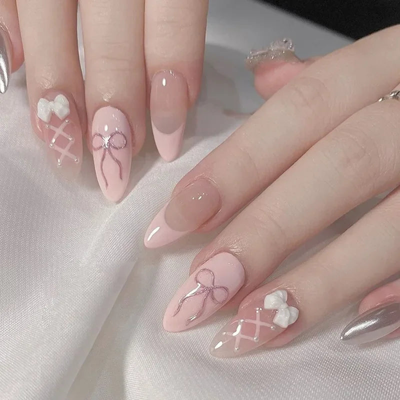 24Pcs Almond-Shaped Press-On Nails With Cute Strawberry Heart Design Medium Length Pearlescent Finish Mixed Shades False Nails