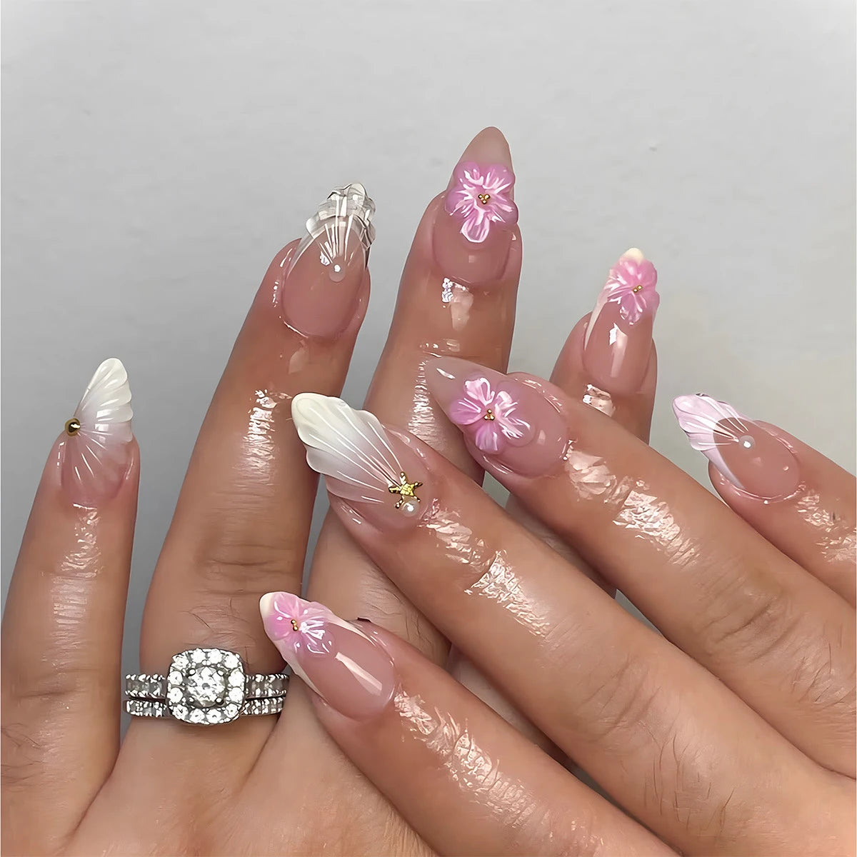 24Pcs Almond False Nails Dreamy 3D Shell Fake Nails Golden Chrome Powder Nail Pearl Butterfly Flower Press on Nails Sweet Cool