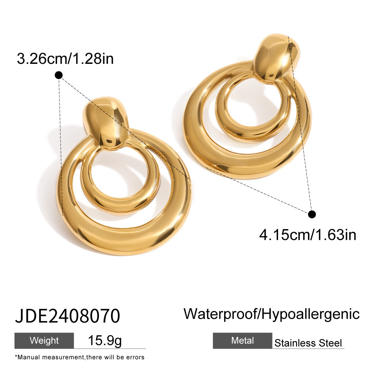 18K Gold Hollow Stud Earrings - Double Layer Round Stainless Steel