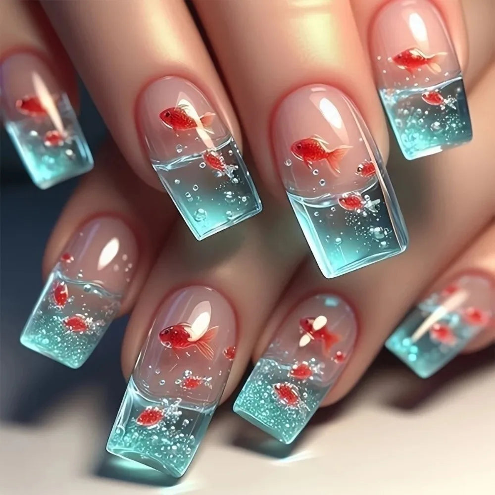 Square Head French Fake Nails Waterproof Wearable Manicure Nude Color Gradient Press on Nails Full Cover Flash Nail Tips Women