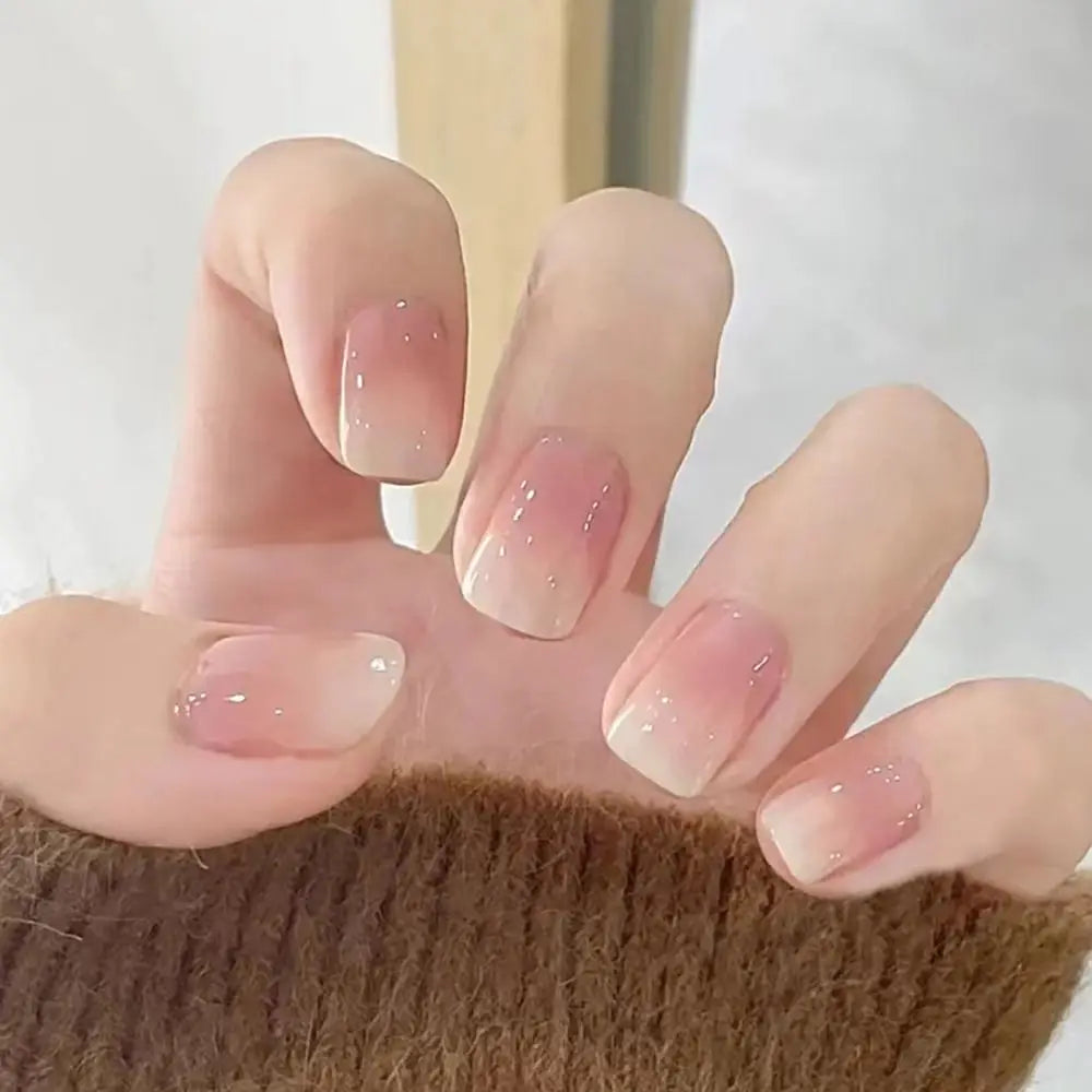 Square Head French Fake Nails Waterproof Wearable Manicure Nude Color Gradient Press on Nails Full Cover Flash Nail Tips Women