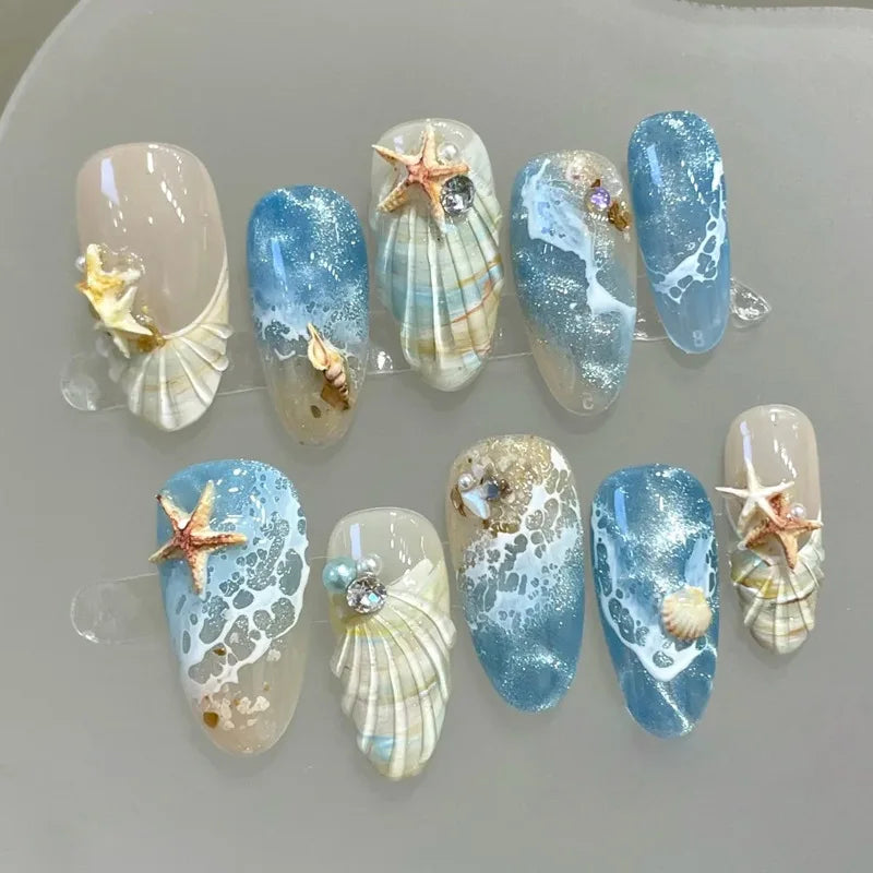 24Pcs Mid-length French Almond Fake Nails Beach 3D Starfish Shell Design Press on False Nails Rhinestone Wearable Manicure Tips