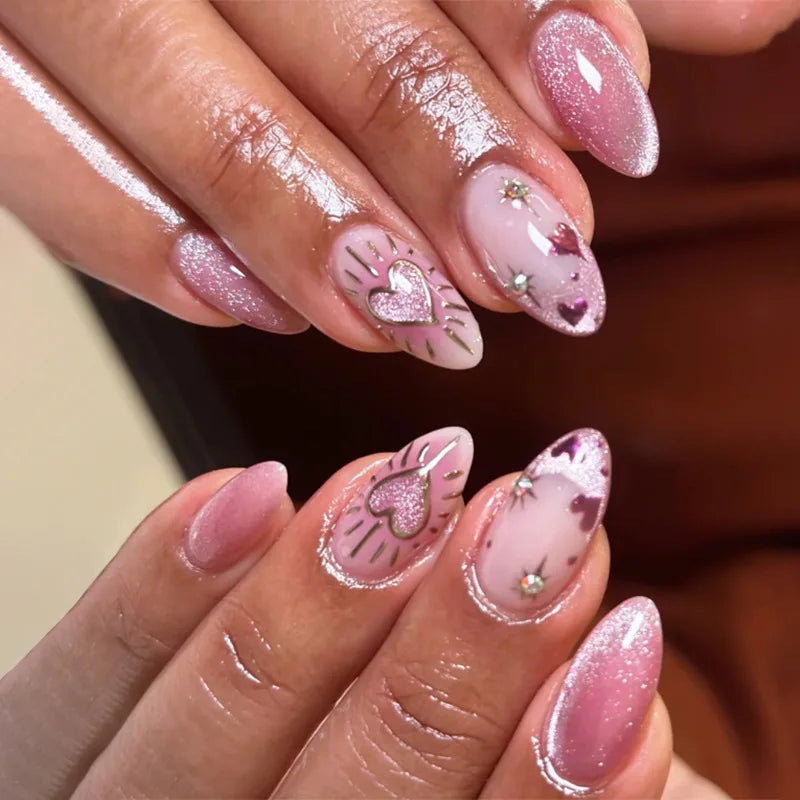 24pcs Cat's Eye Press on Nails Love Design French Pink Almond Fake Nail Mid-length Oval False Nail Art Reusable Glitter Manicure