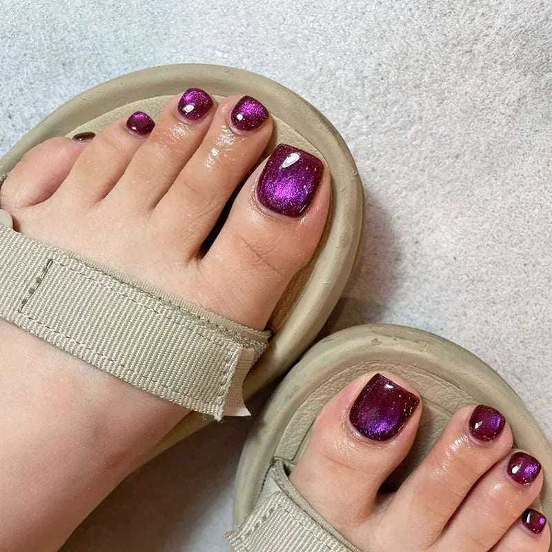 Summer Glitter Pure White Aurora Pearlescent Solid Color Cat Eye Fake Toenails Art Toe Nails False Nails Press on Nails Toenails