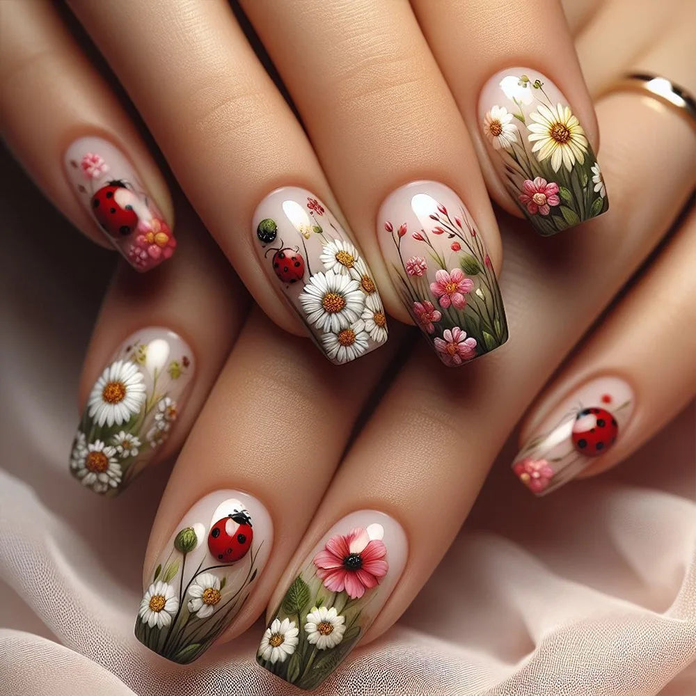 24Pcs Mid-length Ballet False Nails Press on Nails Spring Flowers Fresh Design Fake Nails with Glue Wearable Acrylic Nail Tips