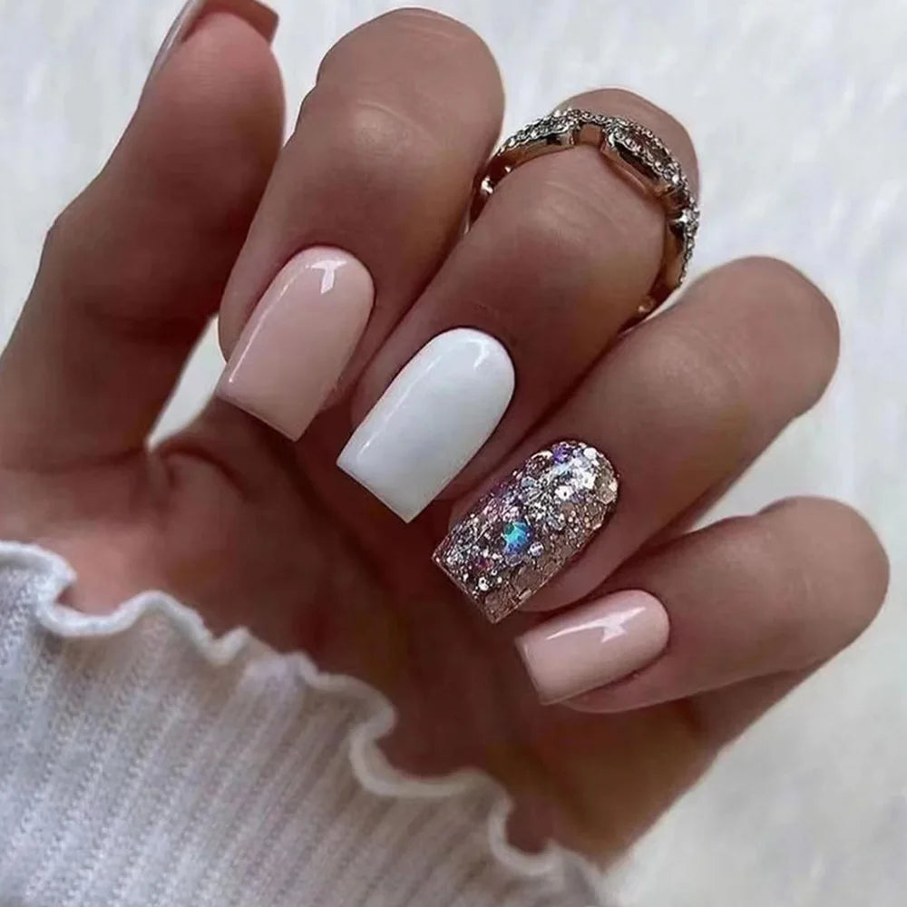 24Pcs Mid-length Square Head Press on False Nails with Golden Shiny Powder Gradient Fake Nails Detachable Full Cover Nails Tips