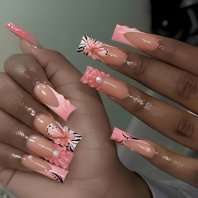 Sweet Medium Square False Nails with Glue Blush Pink Flowers Fake Nails Press on Nails