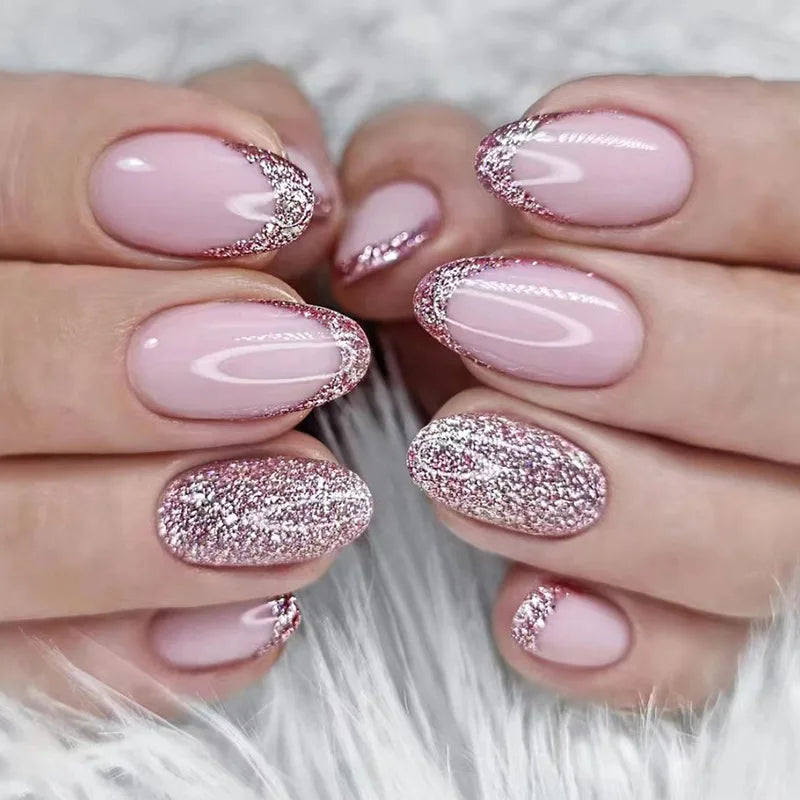 24pcs Glitter Short Almond False Nails Pink Aurora Ellipse Fake Nails Press on Nails DIY Manicure Detachable Full Cover Nail Tip
