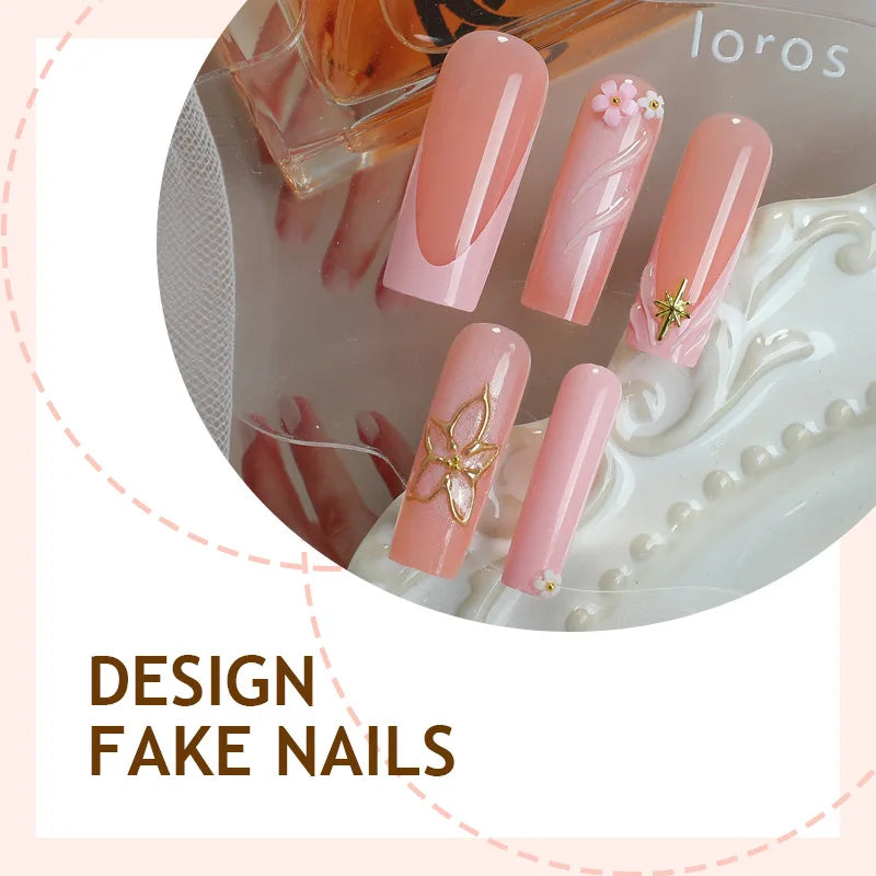 24Pcs Nude Color Fake Nails White French Tips Almond Press On Nails Flower Designs Korean Style DIY Manicure Artificial Nails