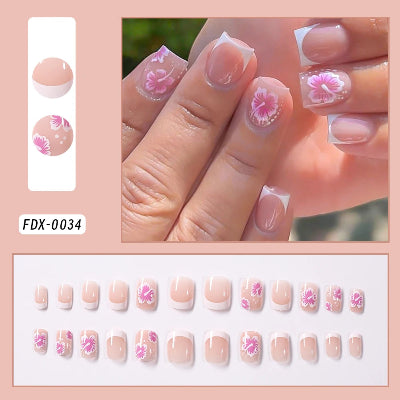 Square Head Flower Design Fake Nail Tips Acrylic Floral Wearable Ballet False Nail Artificial Full Cover Press on Nails