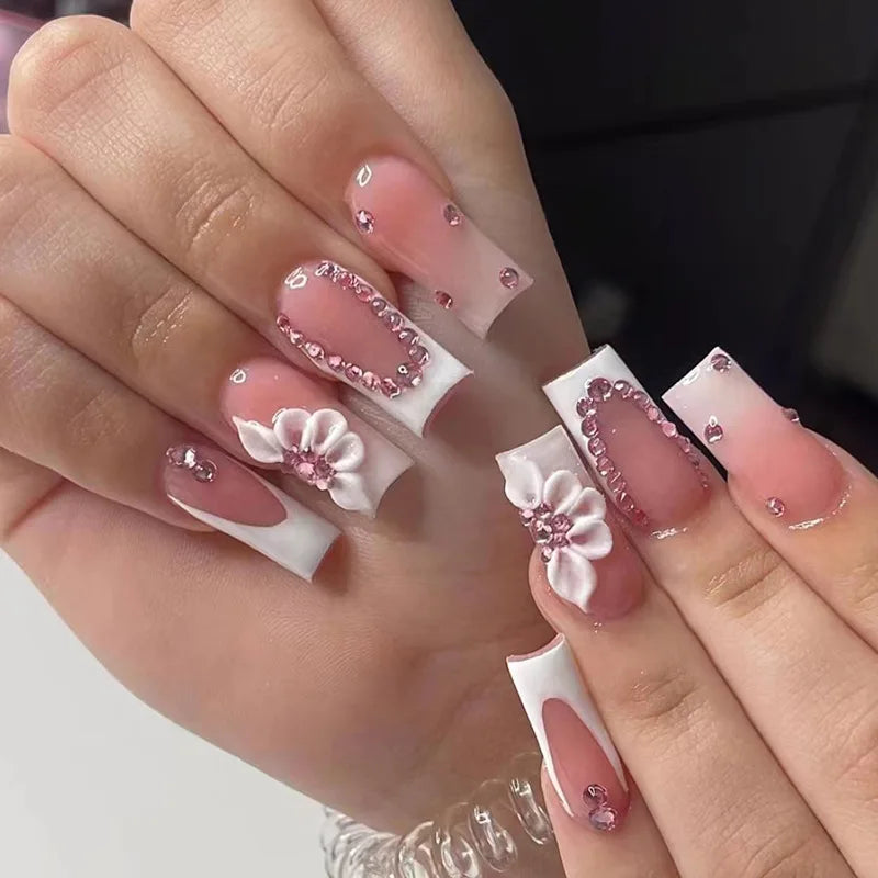 Sweet Medium Square False Nails with Glue Blush Pink Flowers Fake Nails Press on Nails