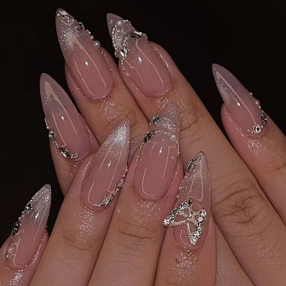 24Pcs Almond False Nails Dreamy 3D Shell Fake Nails Golden Chrome Powder Nail Pearl Butterfly Flower Press on Nails Sweet Cool