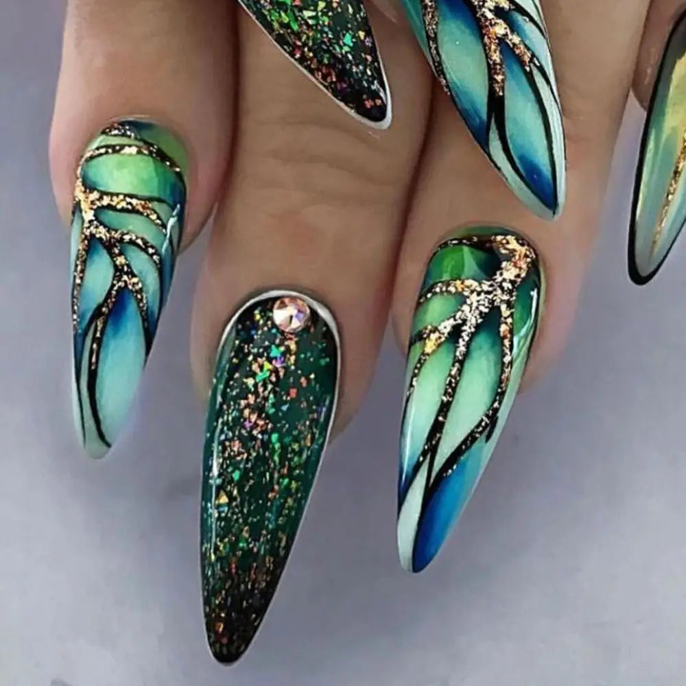 24Pcs Long Almond False Nails Various Styles French Press On Nails Newest Fake Nails DIY Manicure Detachable Nail Tips