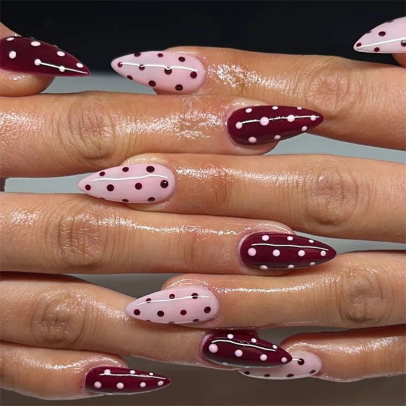 Red Pink French Polka Dot Round Dot Wearable Nail Art Short Almond Fake Nails Detachable Finished False Nails Press on Nails