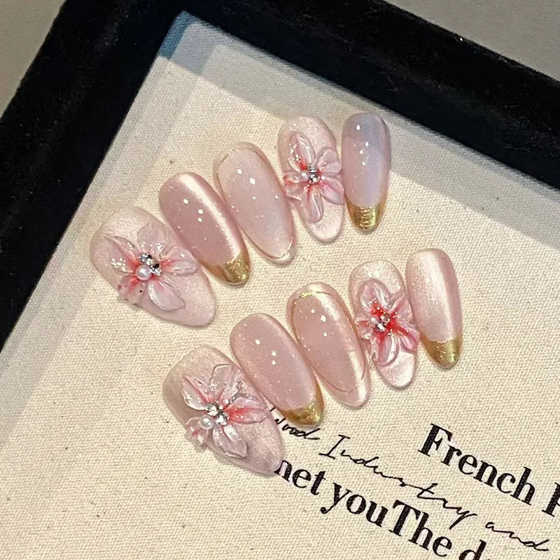 24Pcs Mid-length Almond Press on False Nails 3D Ripple Flower Design Full Cover Nails Tips Bow Strawberry Detachable Fake Nails