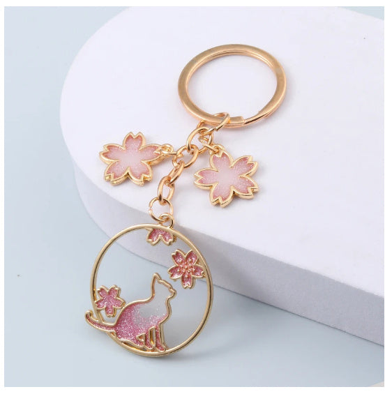 Oil Dripping Cartoon Black Cat Wreath Cherry Blossom Keychain