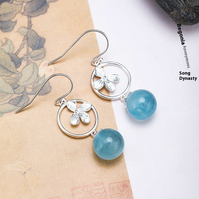 S925 Silver Aquamarine Flower Earrings - Vintage Leaves Gemstone Jewelry