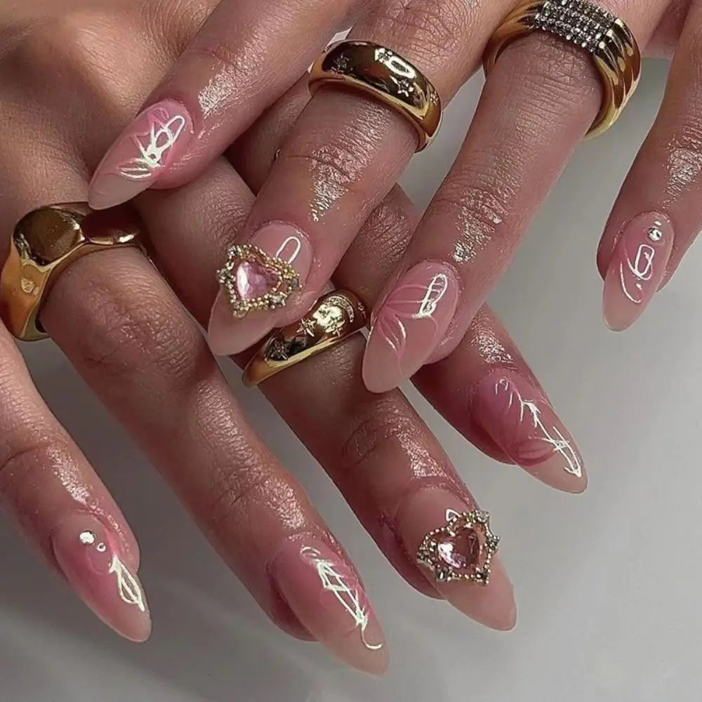 24Pcs Long Almond False Nails Various Styles French Press On Nails Newest Fake Nails DIY Manicure Detachable Nail Tips
