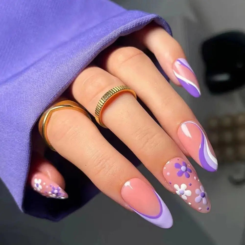 24Pcs Long Almond False Nails Various Styles French Press On Nails Newest Fake Nails DIY Manicure Detachable Nail Tips