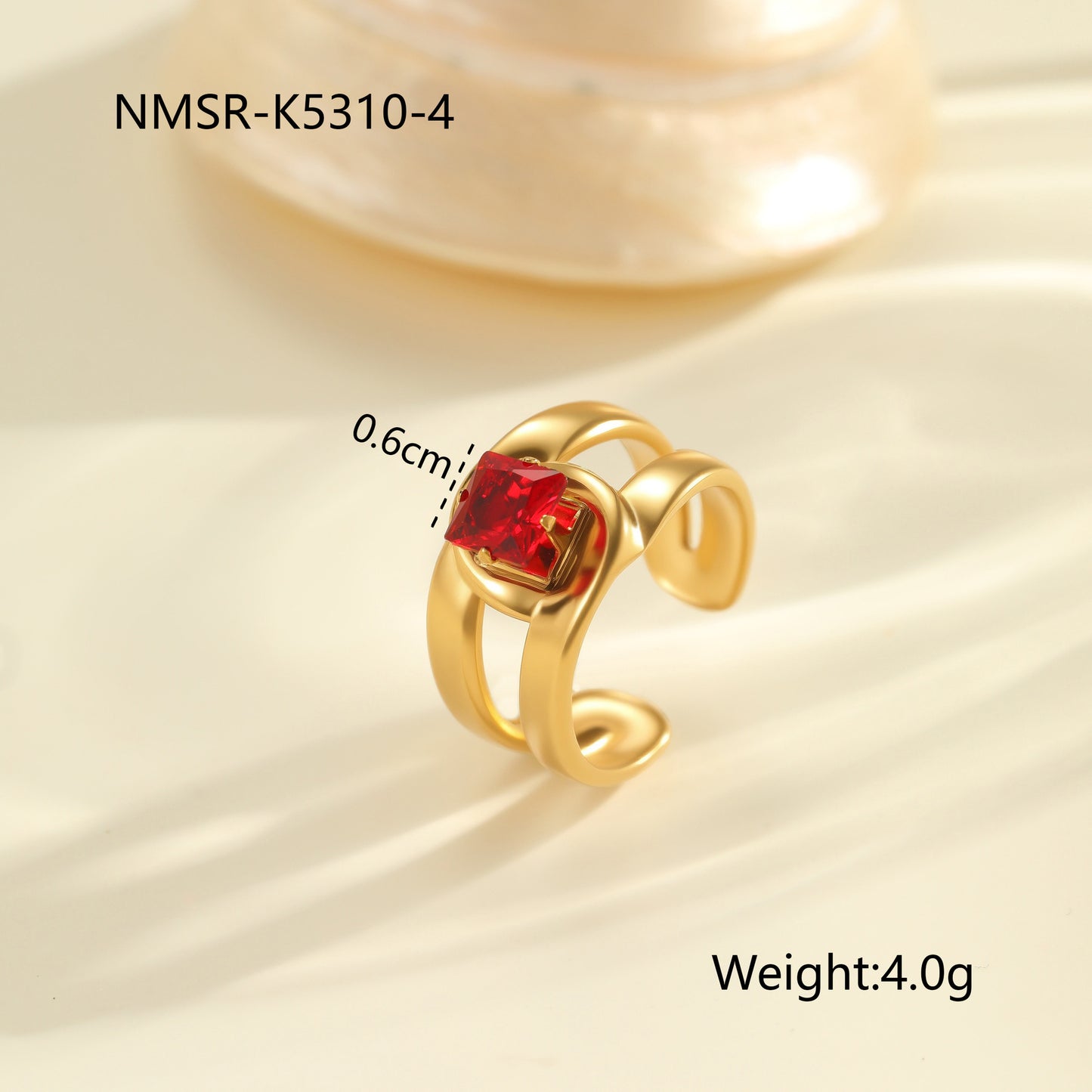 Red Zircon Ring - Titanium Steel Open-end Bold Geometric Design