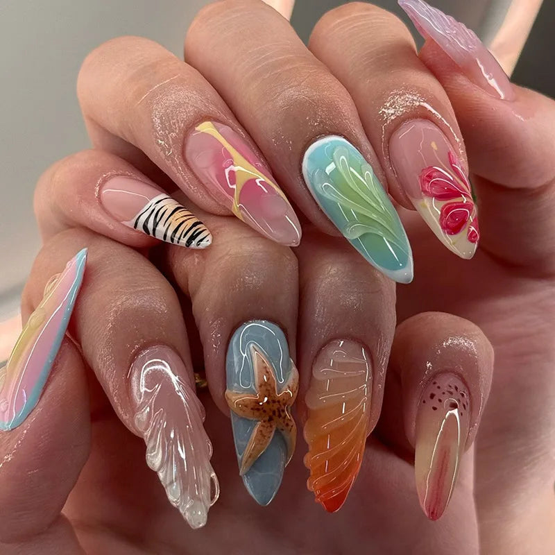 24Pcs Mid-length French Almond Fake Nails Beach 3D Starfish Shell Design Press on False Nails Rhinestone Wearable Manicure Tips