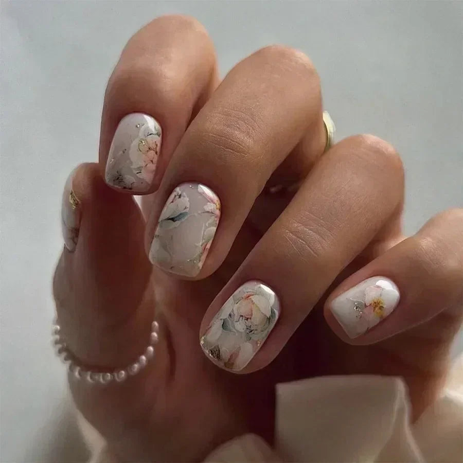 Flowers Gold Glitter Powder Edge White French Nail Art Fashion Wearable Fake Nail Detachable Finished False Nails Press on Nails