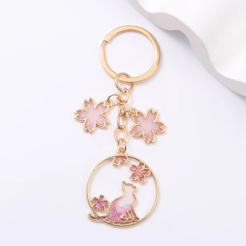 Oil Dripping Cartoon Black Cat Wreath Cherry Blossom Keychain