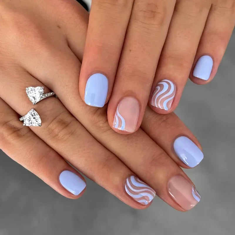 24Pcs Short Square Head False Nail with Blue Gradient Press on Fake Nails Silver Irregular Stripe Wearable Full Cover Nails Tips