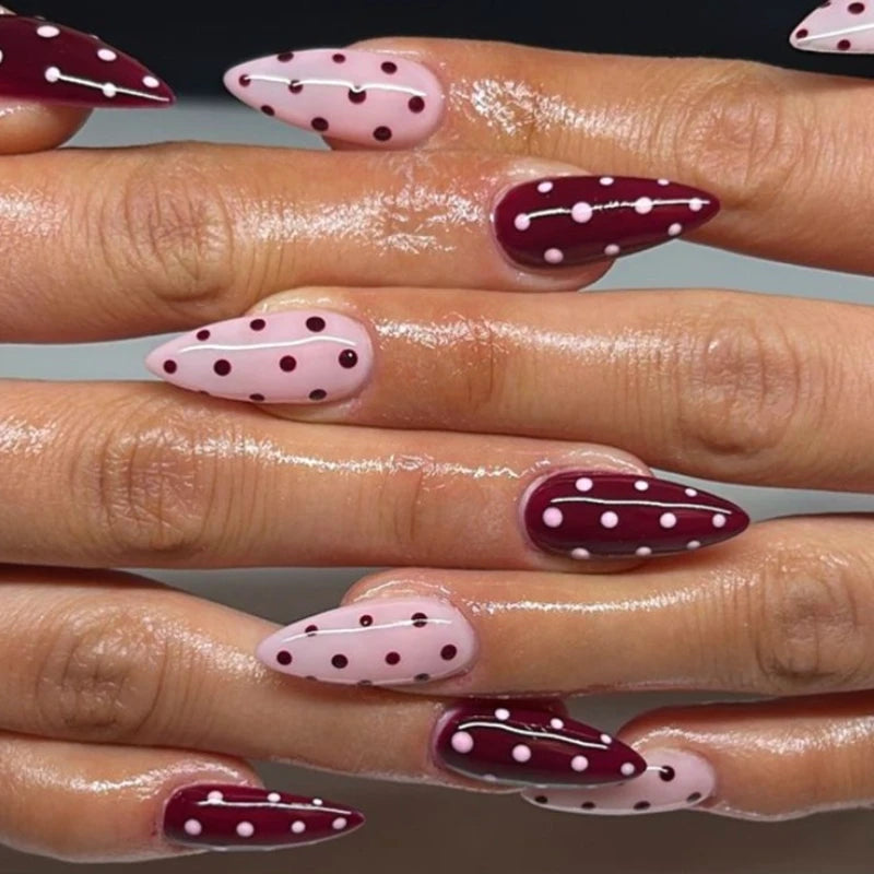 Red Pink French Polka Dot Round Dot Wearable Nail Art Short Almond Fake Nails Detachable Finished False Nails Press on Nails