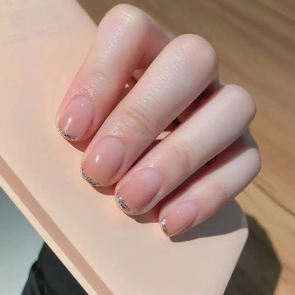 Square Head French Fake Nails Waterproof Wearable Manicure Nude Color Gradient Press on Nails Full Cover Flash Nail Tips Women