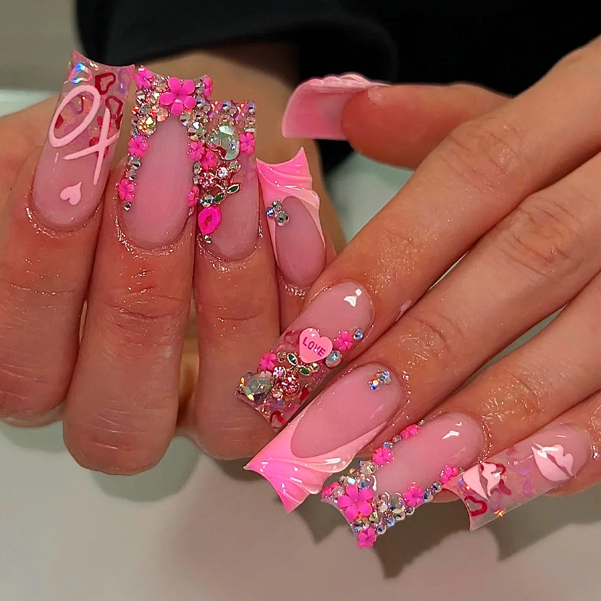 Sweet Medium Square False Nails with Glue Blush Pink Flowers Fake Nails Press on Nails
