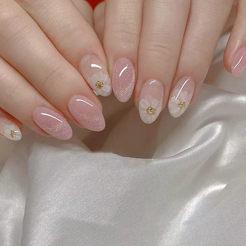 24pcs Glitter Short Almond False Nails Pink Aurora Ellipse Fake Nails Press on Nails DIY Manicure Detachable Full Cover Nail Tip